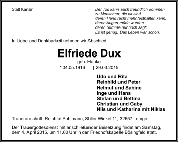 Anzeige  Elfriede Dux  Lippische Landes-Zeitung