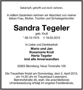 Anzeige  Sandra Tegeler  Lippische Landes-Zeitung