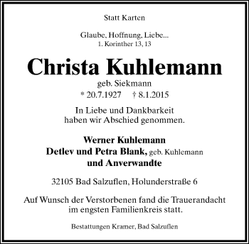 Anzeige  Christa Kuhlemann  Lippische Landes-Zeitung
