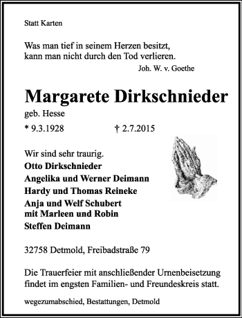 Anzeige  Margarete Dirkschnieder  Lippische Landes-Zeitung