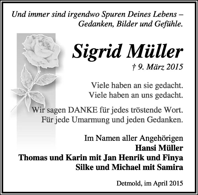 Traueranzeige für Sigrid Müller vom 18.04.2015 aus Lippische Landes-Zeitung