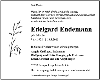 Anzeige  Edelgard Endemann  Lippische Landes-Zeitung