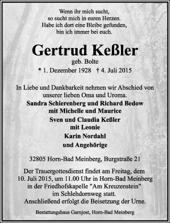 Anzeige  Gertrud Keßler  Lippische Landes-Zeitung