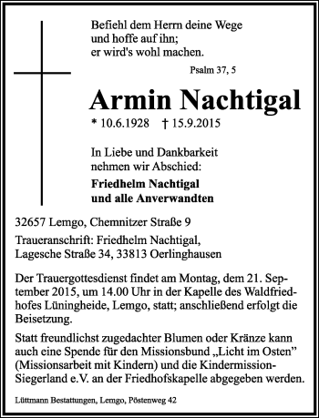 Anzeige  Armin Nachtigal  Lippische Landes-Zeitung
