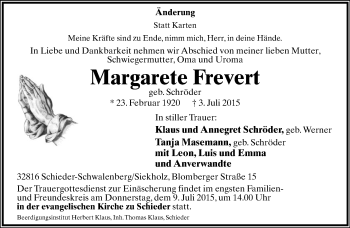 Anzeige  Margarete Frevert  Lippische Landes-Zeitung