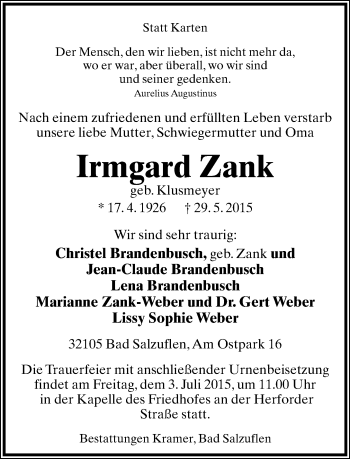 Anzeige  Irmgard Zank  Lippische Landes-Zeitung