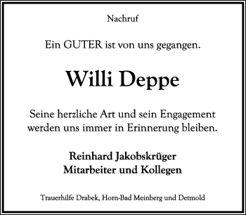 Anzeige  Willi Deppe  Lippische Landes-Zeitung