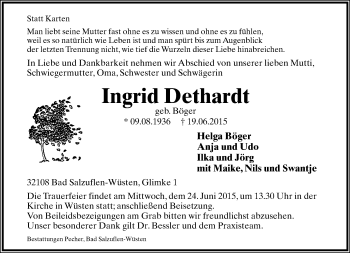 Anzeige  Ingrid Dethardt  Lippische Landes-Zeitung