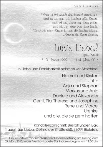 Anzeige  Lucie Liebal  Lippische Landes-Zeitung