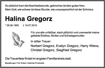 Anzeige  Halina Gregorz  Lippische Landes-Zeitung
