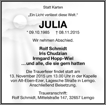 Anzeige  Julia   Lippische Landes-Zeitung