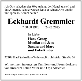 Anzeige  Eckhardt Gremmler  Lippische Landes-Zeitung
