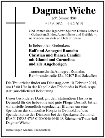 Anzeige  Dagmar Wiehe  Lippische Landes-Zeitung