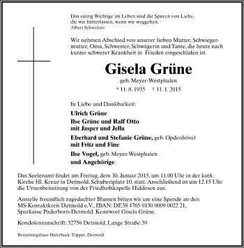 Anzeige  Gisela Grüne  Lippische Landes-Zeitung