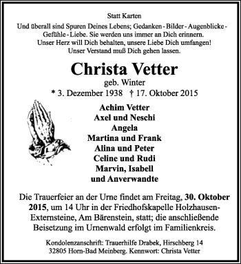 Anzeige  Christa Vetter  Lippische Landes-Zeitung