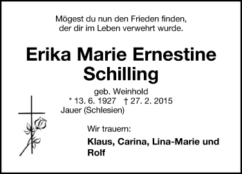 Anzeige  Erika Marie Ernestine Schilling  Lippische Landes-Zeitung