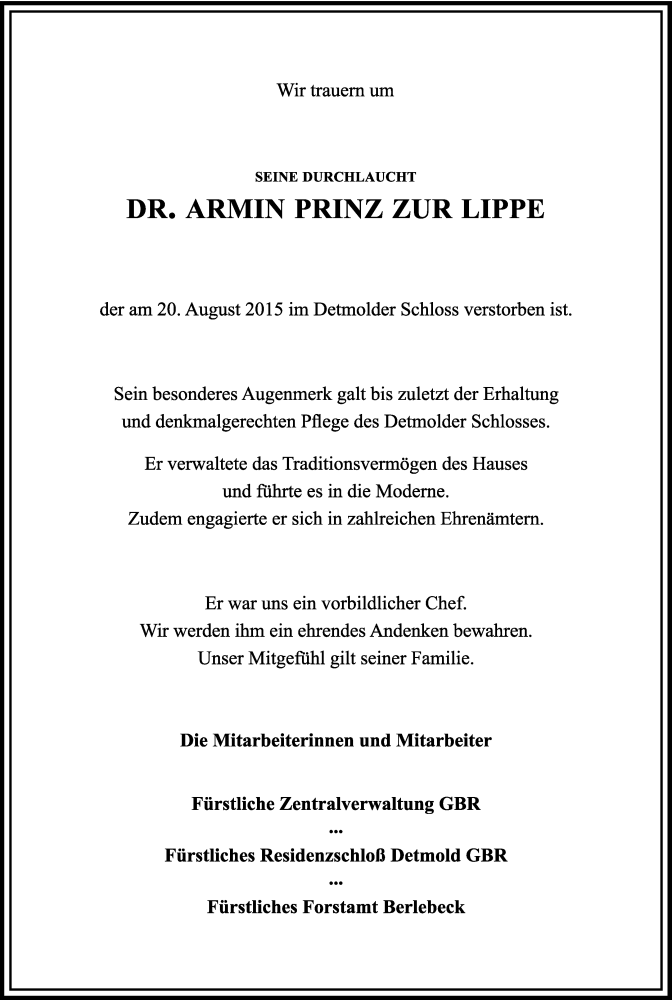  Traueranzeige für Armin Prinz zur Lippe vom 22.08.2015 aus Lippische Landes-Zeitung