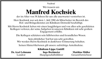 Anzeige  Manfred Kochsiek  Lippische Landes-Zeitung