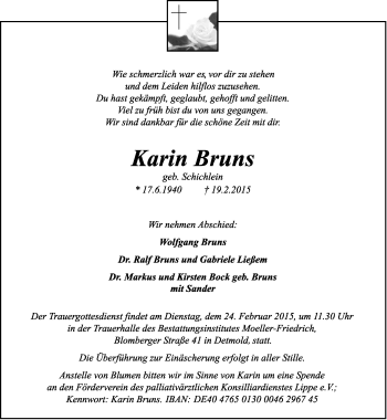 Anzeige  Karin Bruns  Lippische Landes-Zeitung