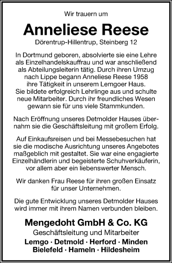 Anzeige  Anneliese Reese  Lippische Landes-Zeitung
