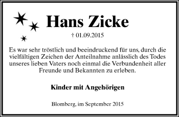 Anzeige  Hans Zicke  Lippische Landes-Zeitung