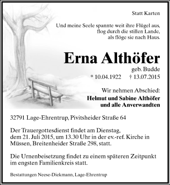 Anzeige  Erna Althöfer  Lippische Landes-Zeitung