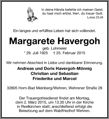 Anzeige  Margarete Havergoh  Lippische Landes-Zeitung