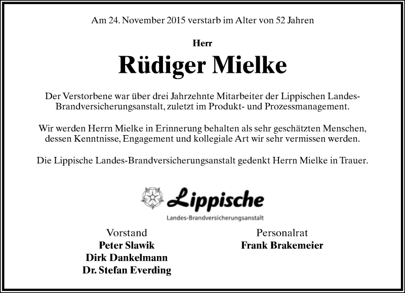  Traueranzeige für Rüdiger Mielke vom 28.11.2015 aus Lippische Landes-Zeitung