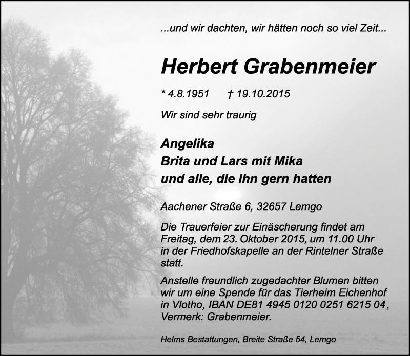  Traueranzeige für Herbert Grabenmeier vom 21.10.2015 aus Lippische Landes-Zeitung
