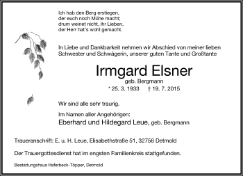 Anzeige  Irmgard Elsner  Lippische Landes-Zeitung