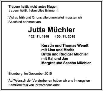 Anzeige  Jutta Müchler  Lippische Landes-Zeitung