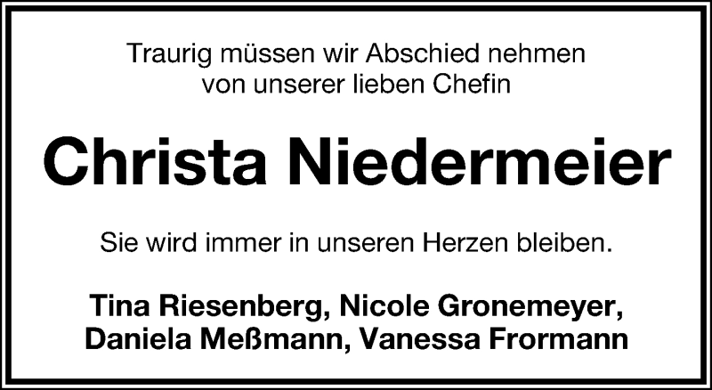  Traueranzeige für Christa Niedermeier vom 05.05.2015 aus Lippische Landes-Zeitung
