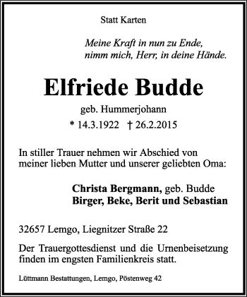 Anzeige  Elfriede Budde  Lippische Landes-Zeitung