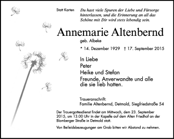 Anzeige  Annemarie Altenbernd  Lippische Landes-Zeitung