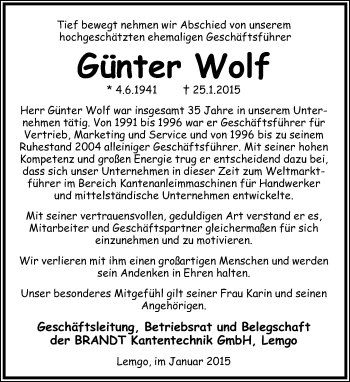 Anzeige  Günter Wolf  Lippische Landes-Zeitung