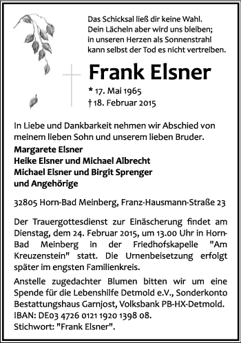 Anzeige  Frank Elsner  Lippische Landes-Zeitung