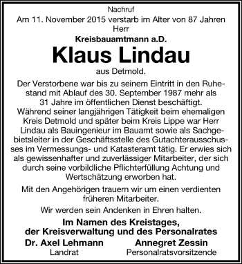 Anzeige  Klaus Lindau  Lippische Landes-Zeitung