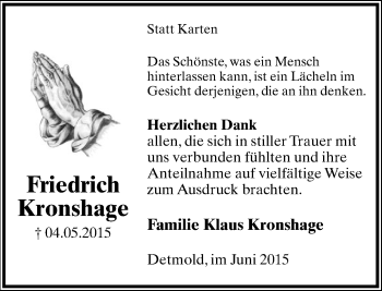 Anzeige  Friedrich Kronshage  Lippische Landes-Zeitung