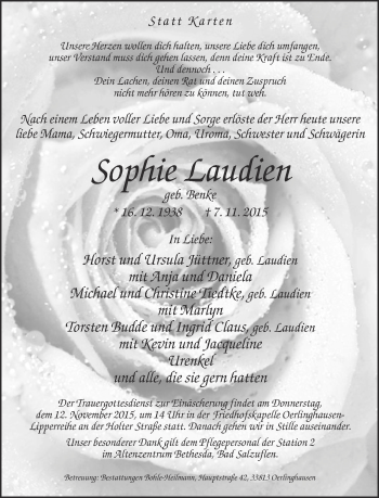 Anzeige  Sophie Laudien  Lippische Landes-Zeitung
