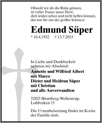 Anzeige  Edmund Süper  Lippische Landes-Zeitung