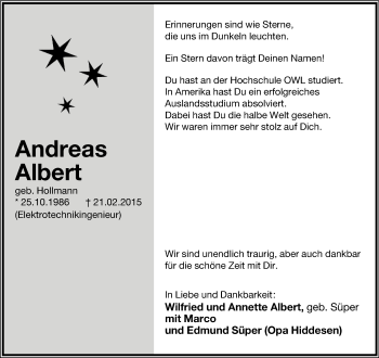 Anzeige  Andreas Albert  Lippische Landes-Zeitung
