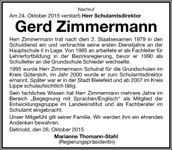 Anzeige  Gerd Zimmermann  Lippische Landes-Zeitung