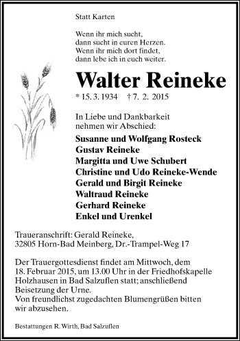 Anzeige  Walter Reineke  Lippische Landes-Zeitung