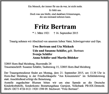 Anzeige  Fritz Bertram  Lippische Landes-Zeitung