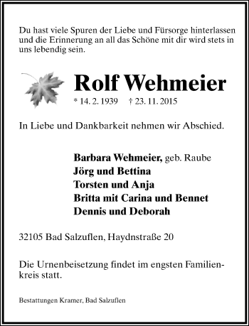 Anzeige  Rolf Wehmeier  Lippische Landes-Zeitung