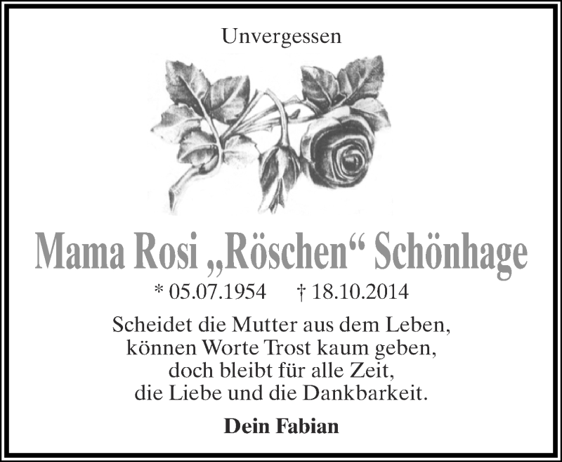  Traueranzeige für Rosemarie Schönhage vom 19.10.2015 aus Lippische Landes-Zeitung