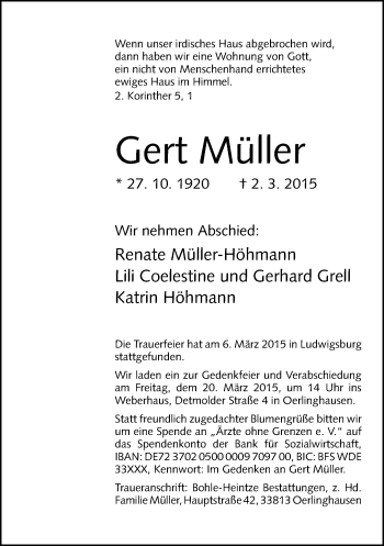 Anzeige  Gert Müller  Lippische Landes-Zeitung