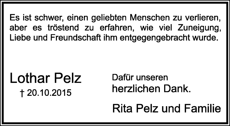  Traueranzeige für Lothar Pelz vom 21.11.2015 aus Lippische Landes-Zeitung