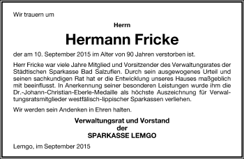 Anzeige  Hermann Fricke  Lippische Landes-Zeitung