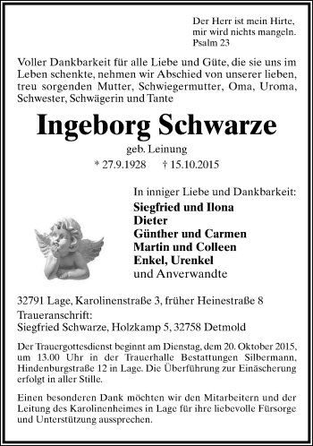 Anzeige  Ingeborg Schwarze  Lippische Landes-Zeitung